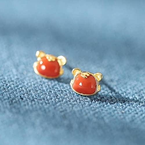 Boucles d'oreilles clous tigre argent et pendentif agate rouge