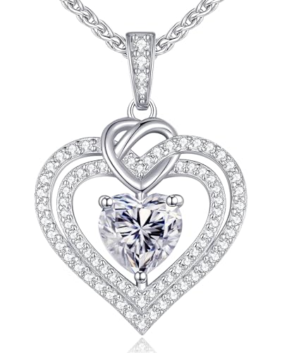 CDE Kette Damen Moissanite Halskette Damen Silber 925, Doppel Herz VVS1 Reinheit D Farbe, Frauen Schmuck Geburtstags Geschenk für Sie Freundin Weihnachten Valentinstag Muttertags (2 Karat)