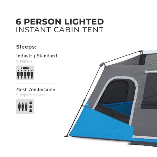 CORE 6 Person Instant Cabin Tent with LED Lights | Large Family Lighted Pop Up Tent for 60 Second Camp Setup | Included Storage Pockets for Camping Accessories - Thumbnail 2