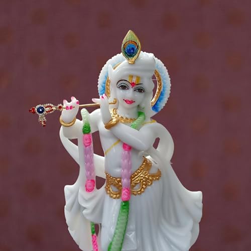 Image of Marble Handicraft God Krishna Idols Statue Murti for Home Decoration and Temple Decoration Items for Home Decor Living Room Mandir Temple Pooja Room Table Top Office Decorative Gifts(White)