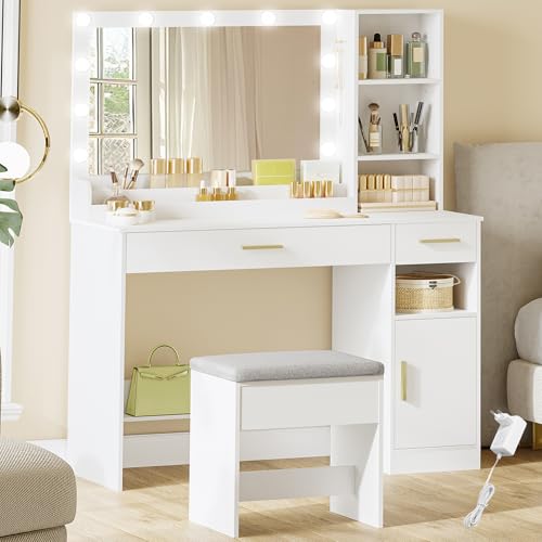 HEXCELEN Tocador con Taburete, Tocador de Maquillaje con Espejo y Luces LED con Brillo Ajustable, Mesa de Maquillaje, 2 Cajones, 4 Compartimentos y 1 Armario, 40 x 108 x 141 cm Blanco