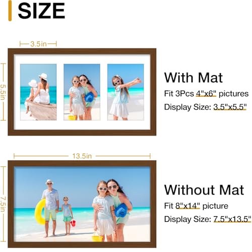 decorUhome 8x14 Picture Frames Collage Wall Decor, Display 3Pcs 4x6 Photos with Mat or 1Pcs 8x14 Unmatted, 3 4x6 Collage Picture Frames for Wall Mounting, Brown
