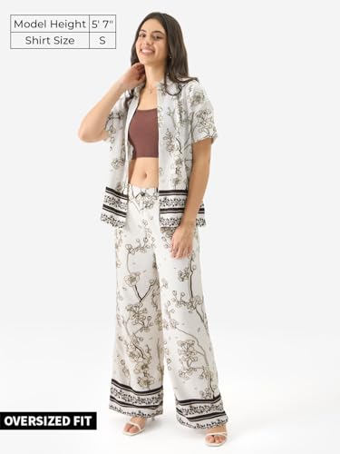 Image of The Souled Store Gardenia Women and Girls Short Sleeve Collared Neck White All Over Print Button Down Oversized Shirts