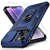 VINVE for iPhone 14 Plus Case with Slide Lens Cover, HD Screen Protector, Military Grade Drop Protection, Magnetic Rotated Ring Holder Kickstand Protective Phone Case (Navy Blue)