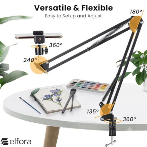Elfora Adjustable Overhead Mobile Phone Holder with Long Arm for Video Recording, Streaming, Office Use, Cooking, Crafting Videos Compatible with Devices Up to 4-7 Inches (Black) - Image 3