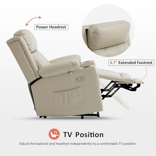MCombo Lay Flat Triple Motor Power Lift Recliner Chair Sofa with Heat and Massage, Adjustable Headrest for Elderly, Infinite Position, Faux Leather 7661 (Beige, Medium)