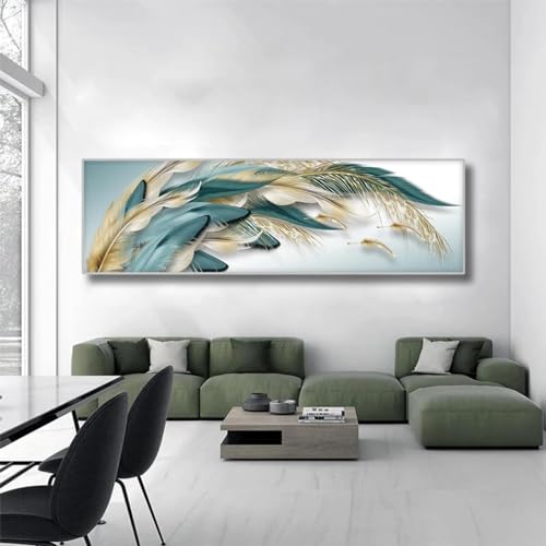Art mural toile pour salon moderne peinture plume abstraite or et vert avec cadre