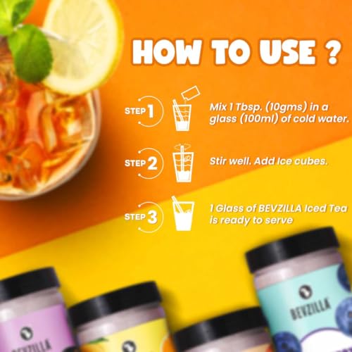 Image of Bevzilla Black Currant,Blueberry,Lemon,Watermelon & Peach Passion Instant Ice Tea Powder Combo - 400g Each Jar | Refreshing Summer Iced Tea Drink | Instant & Easy to Make (Pack of 3)