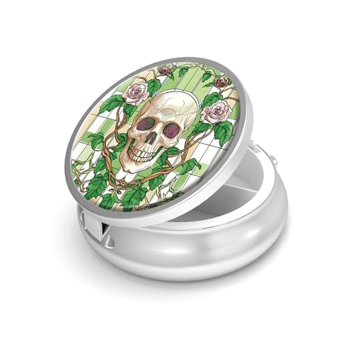 Image of Pill Box-3 Compartment Small Pill Case for Purse & Pocket Mini Metal Pill Holder Travel Pill Container to Hold Supplements Vitamins BPA-Free (Skull and Rose)
