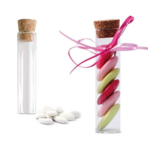 Aurora Store Lot de 24 bouteilles en verre avec bouchon en liège, bonbonnière pour dragées, 10 cm, diamètre 2,5 cm, type tube de mariage, baptême, diplôme de...