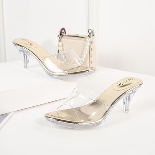 Image of NBUUNBU Clear Heels for Women Silver Black Heels Little Platform Sexy High Heels Sandals Stiletto Kitten Open Toe Dress Shoes Comfortable Double Transparent Strap Heeled Sandals Mule