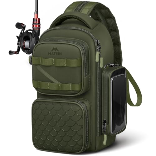 MATEIN Fishing Sling Bag for Men & Teens, Waterproof 3600 Tackle Bag Lightweight Convertible Tackle Backpack with Removable Bait Binder, Phone Pouch & Rod Holder, Fishing Gifts for Men, Olive Green