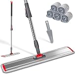 MASTERTOP 60cm Balai Serpillère Aluminium avec Manche Télescopique en INOX, Vadrouille Microfibre Professionnelle Rotative 360° pour Nettoyage de Sol avec 5 Tampons (Rouge)