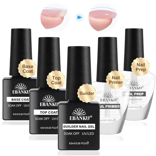 EBANKU Base und Top Coat Builder Gel Set mit Primer für Gelnägel und Dehydrator für Nägel, Gel Nagellack No Wipe Soak Off UV Nagellack Unterlack & Überlack für Gelnägel Nail Art Maniküre