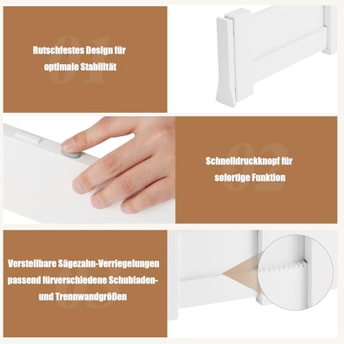 COKIHOM 6 Stück 10cm Hohe Schubladenteiler, 28-43cm Schubladentrenner Verstellbar, Warmweiße Schubladen Trenner, Schubladentrenner für Babykleidung, Kleidung, Kosmetik, Küche und Büroaufbewahrung