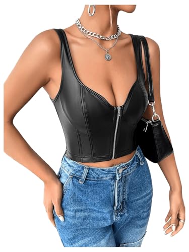 SHENHE Women's Casual Solid Sleeveless Spaghetti Strap Cami PU Leather Backless Crop Tops3