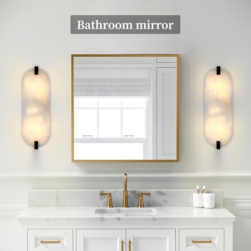 Image of 15.7 inch Natural Oval Alabaster Marble Modern Concise 2 Pack 2 Light Wall Sconce Fixture,Black Finish for Bathroom Bedroom Hallway Bedside Staircase Vanity Mirror