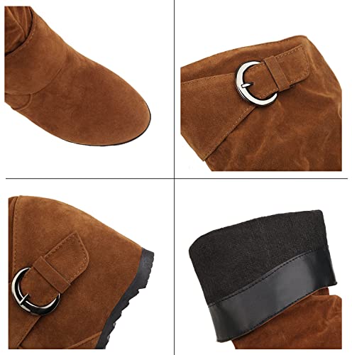 VULTRO Women's Faux Suede Knee High Boots Wedge Heel Wide Calf Slouchy High Boots with Buckle4
