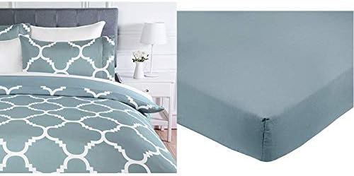 Amazon Basics Microfiber Duvet Cover Set, Light weight 135 x 200 cm, Single - Dusty Blue Trellis