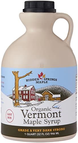 HIDDEN SPRINGS MAPLE 100% Organic Vermont Maple Syrup, Grade A Very Dark Robust, 32 Ounce, 1 Quart, Family Farms, BPA-free Jug