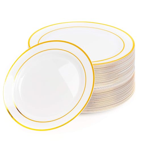 KOOSREEL 25 Pack Plastic Dessert Plates with Gold Rim,19cm/7.5inc...