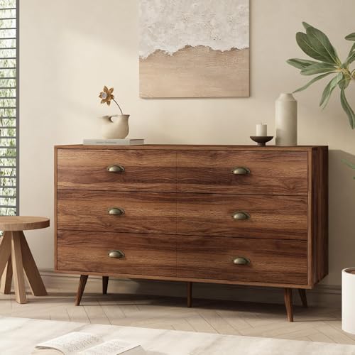 Image of Walnut 6 Drawer Dresser for Bedroom, 47 inch Wood Dresser with Gold Handles.
