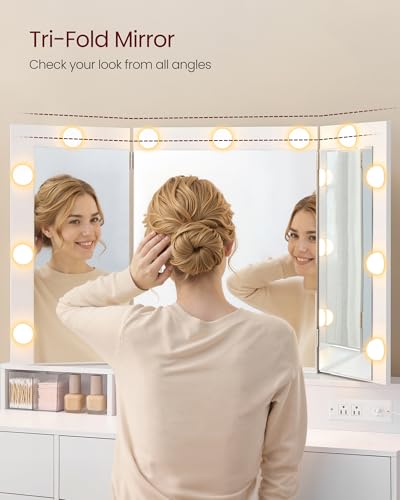 Image of VASAGLE Kailyn Collection - Vanity Desk with Tri-Fold Mirror, Makeup Table with 11 Bulbs, Power Outlets, 9 Drawers, 3 Colors, Tool-Free Drawer Slides Assembly, Cloud White URDT146WB03S