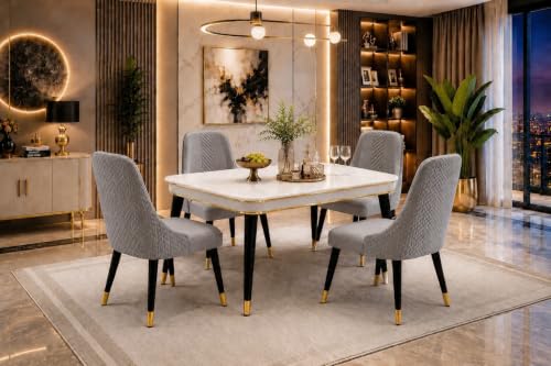 Image of WOODEN SPACE Majestic 4 Seater Wooden Dining Table Set | Urban Marble Top Dining Table with Chairs for Dining Room & Kitchen (Modern Vento Light Grey) (54x36x30 inch)