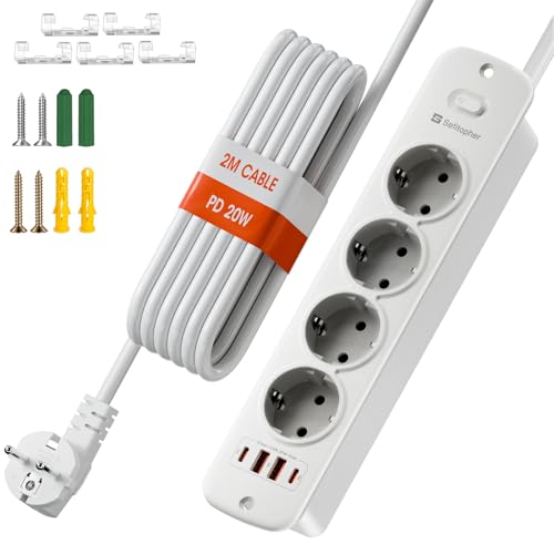 Sefitopher (8 in 1) Steckdosenleiste 4 Fach mit 4 USB PD 20W, Einbausteckdose mit Schalter 2 Meter Kabel für Phone und Haushaltsgeräte für Büros, Schreibtisch oder Schlafzimmer 4000W Weiß