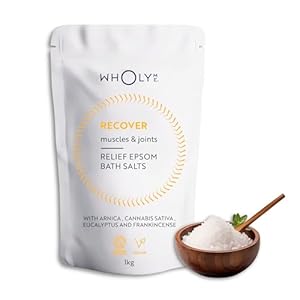 WholyMe Epsom Salt Bath Salts – Natural Bath Soak for Muscle and Joint Recovery with Arnica, Frankincense and Eucalyptus Essential Oil – Post Workout and Relaxation – Organic & Made in UK- 1Kg