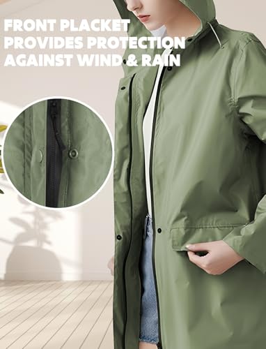 ANYOO Wasserdichter Regenmantel für Damen, Regenjacke mit Kapuze, leichter langer Regenmantel, Windjacke, Trenchcoat, Armeegrün, Einheitsgröße