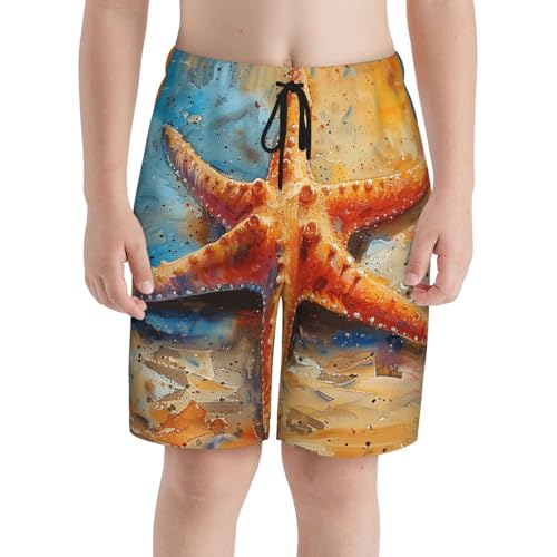 Boys Beach Board Shorts Swim Trunks Teen Kids Quick Dry Bathing Suits, Watercolor Starfish Cool3