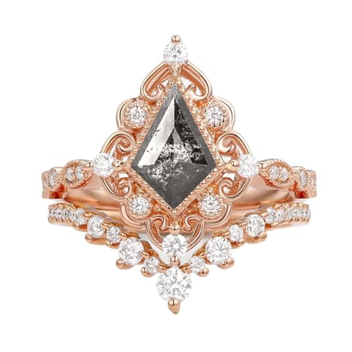 1ct 1.5ct 2ct Salt and Pepper Diamond Wedding Ring Set for Women - Kite Cut Salt and Pepper Diamond Bridal Sets Wedding Rings White Yellow Rose 10K 14K 18K Gold Sterling Silver Gem Ring Set4