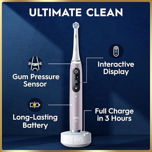 Image of Oral-B iO Series 9 Limited Rechargeable Rose Quartz Electric Toothbrush with (2) Ultimate Clean and (1) Soft Care Replacement Brush Heads, White, White Travel Case and