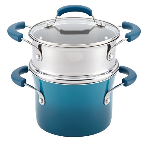 Rachael Ray 17647 Brights Sauce Pot/Saucepot with Steamer Insert, 3 Quart, Marine Blue