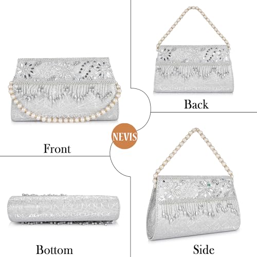 Image of Nevis Women's Embellished Clutch with Pearl Handle | Fancy Designe & Wedding Potli Bag for Festive & Evening