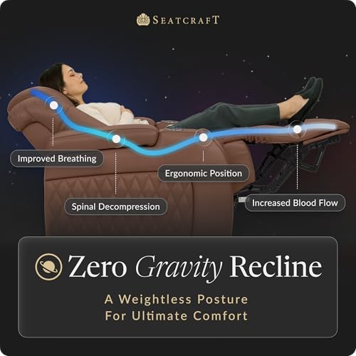 Image of Seatcraft Diamante Tobacco Italian Leather Home Theater Seating, Zero Gravity Power Recliner Gaming and Home Office Chair, Powered Headrest Lounge Sofa Furniture for Cinema Room, Row of 2 Loveseats