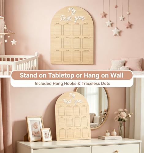 My First Year Photo Frame,wooden 12 month picture frame for baby first year, t 2x3 Inch Picture Holder With Hang Hooks, Desktop Display For Infant 0-12 Months, Birthday Party, Baby Birthday Keepsake Gift — view 3