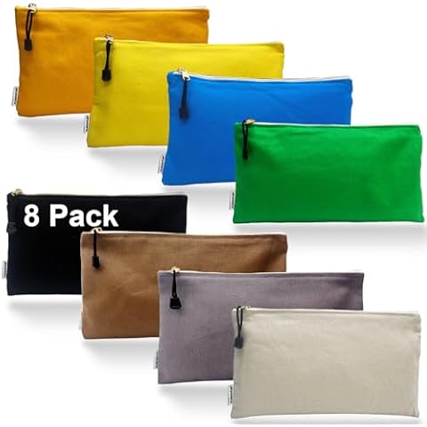 8 Pack Canvas Tool Bag Zipper Pouch - Heavy Duty 16 oz. Canvas Tools Utility Pouches, Multipurpose Storage Organizer Tote Bags with Dependable Metal Zippers, 12.5 x 7-Inch Cover