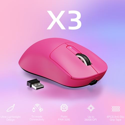 Image of ATTACK SHARK X3 Wireless Gaming Mouse, 49g Ergonomic Computer Mouse, Triple Modes PAW3395 26K DPI Optical Sensor, 200h Battery Life, Programmable Buttons, Gaming Accessories for PC /Laptop /Mac (Berry)