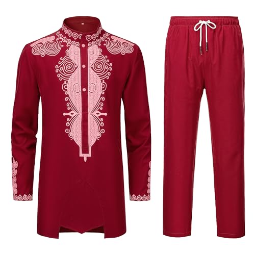 YND Men’s 2 Piece Set African Dashiki Outfit and Pants, Shirt with Gold Print