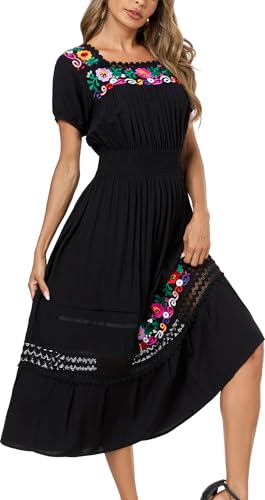 Image of Women's Summer Maxi Dress Casual Floral Embroidered Round Neck Short Sleeve Ruffle Tiered Dress Flowy Boho Beach Sundress