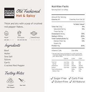 People's Choice Beef Jerky - Old Fashioned - Hot & Spicy - Healthy, Sugar Free, Zero Carb, Gluten Free, Keto Friendly, High Protein Meat Snack - Dry Texture - 1 Pound, 16 oz - 1 Bag Peoples Choice Beef Jerky Old Fashioned Hot Spicy Healthy Sugar Free Zero Carb Gluten Free Keto Friendly High Protein Meat Snack Dry Texture 1 Pound 16 oz 1 Bag