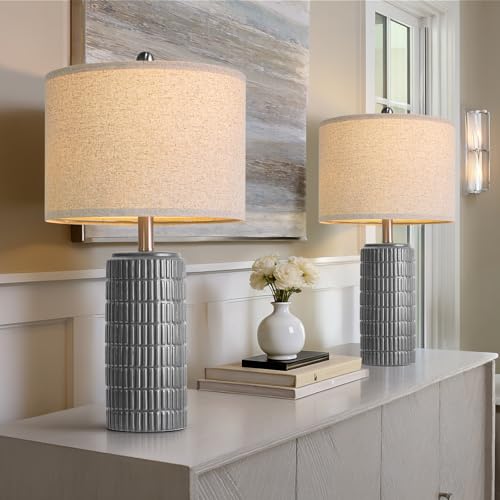 Image of PoKat 23 inch Ceramic Dark Gray Table Lamps Set of 2 for Living Room, Modern Bedside Lamps for Bedroom, Farmhouse Nightstand Lamp for Home Office Guest Room Sideboard Entryway Decor Gifts