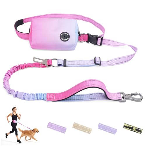 COSOWO Hands Free Dual Handle Retractable Bungee Leash with Reflective Trim, Adjustable Waist Belt for Dog Walking, Running, Hiking - Durable Nylon Leash for Medium Large Dogs, Pink