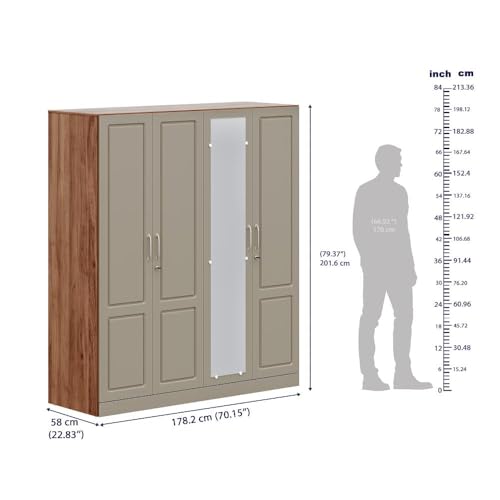 Image of Wakefit Tyrian Plus 4 Door with 4 Shelves 2 Drawers 2 Hanging Areas 1 Mirror SH1-Carcass: Columbian Walnut Shutter: Creamy Brown