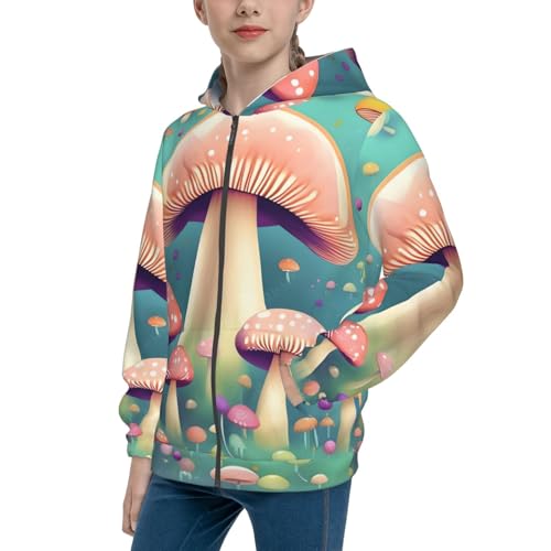 Pretty little mushrooms Print Girls Athletic Zip Up Hoodies,Sweatshirts with Pockets Long Sleeve Hooded Jackets, for 7-18 Y