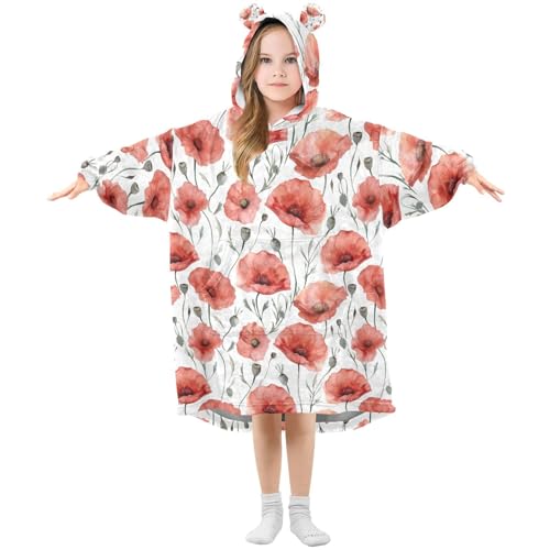 Manta de gran tamaño con capucha para niñas, diseño de amapolas y flores, color blanco, manta suave y cálida de forro polar con capucha, Multicolor, 120 Grande