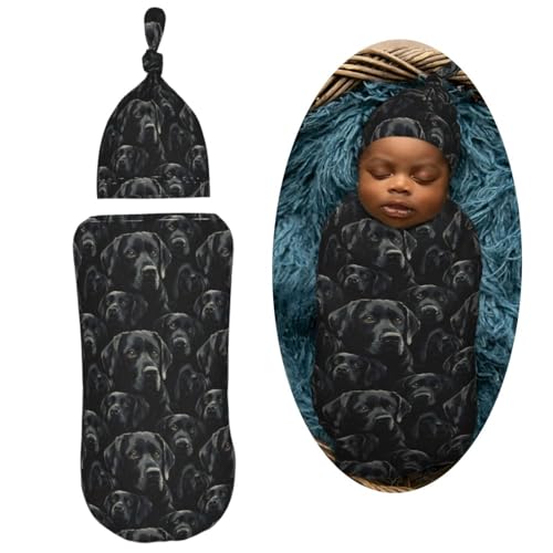 Image of Black Labrador Lab Dog Newborn Swaddle Blankets Hat Sets Soft Baby Receiving Blanket Swaddle for Baby Shower Infant Boy Girl Gift