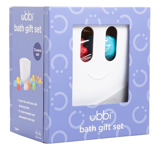 Image of Ubbi Baby Bath Time Essential Gift Set, Stand Up Draining Bath Toy Bin, Dishwasher Safe, White